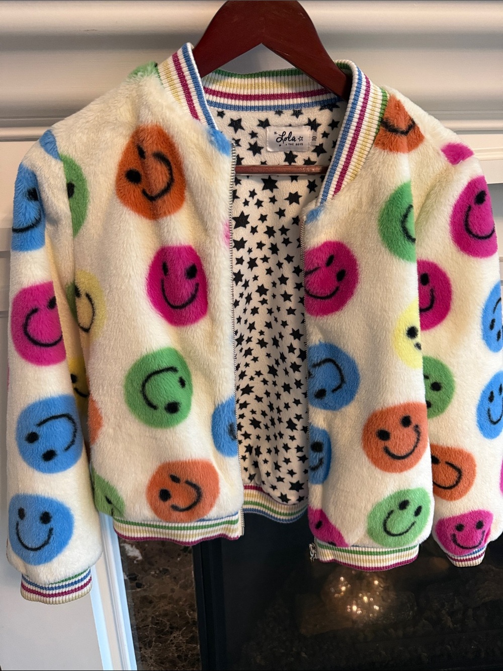 Lola and the Boys Multicolor Smiley Furry Bomber Jacket girls size 10